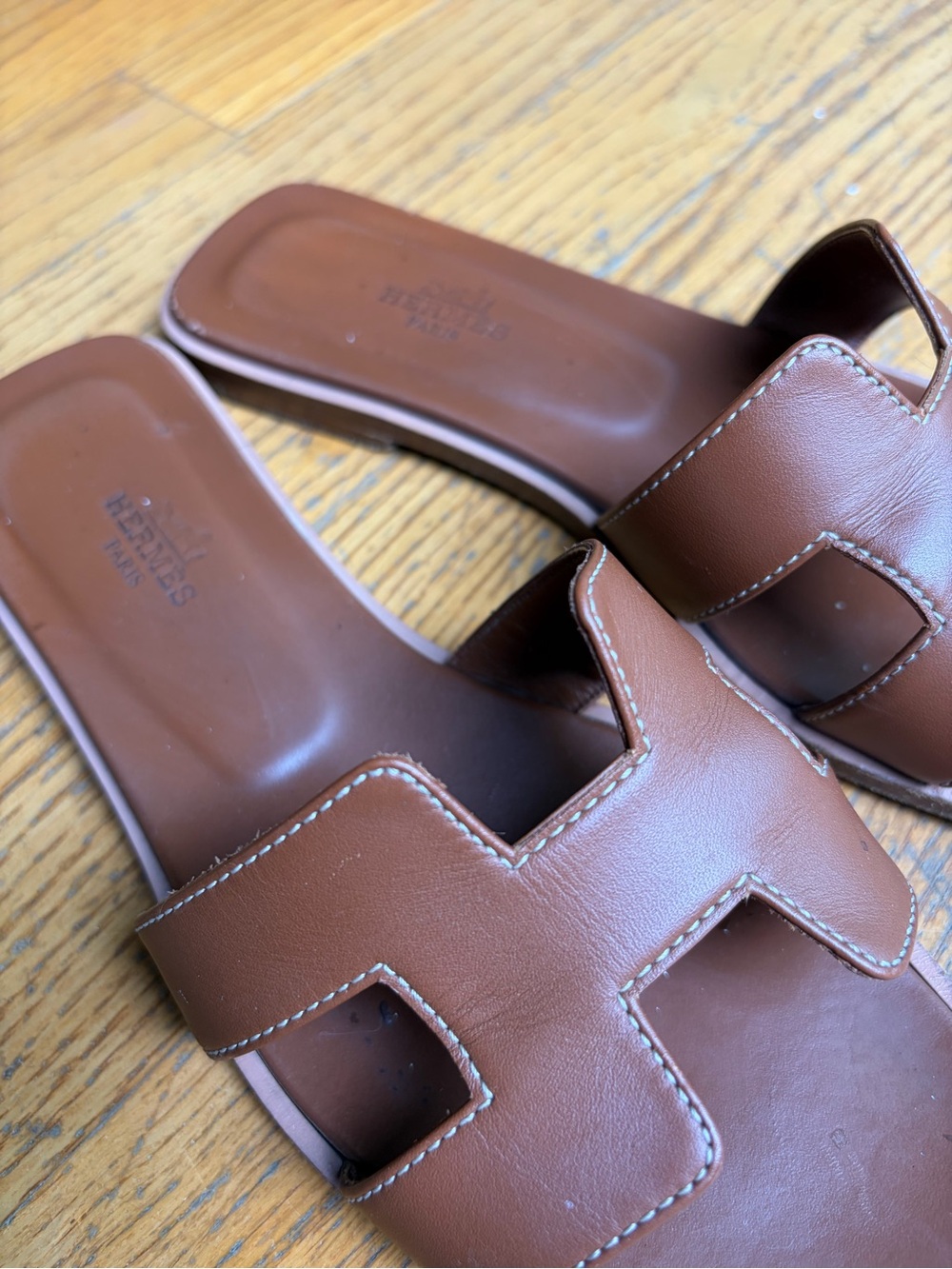 Hermes Brown Women's Leather Oran Slide Sandals - Picture 3 of 5